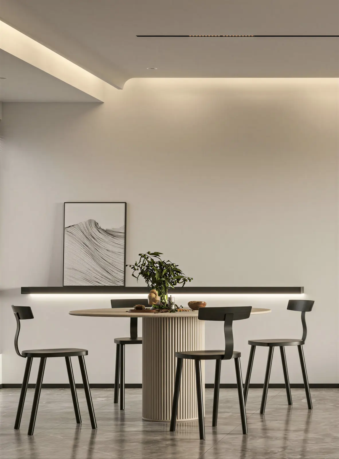 Round dining table under a cove-lit ceiling. Punggol, 4-room HDB BTO · Punggol, renovation by ELEVATED.