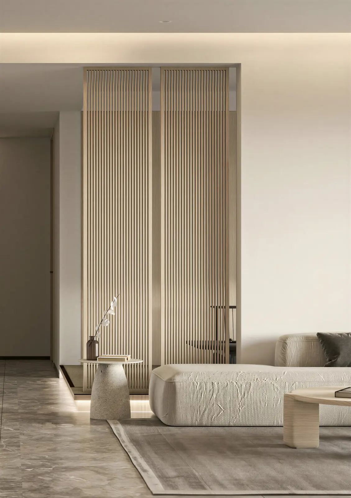 Fluted panel partition and linen sofa. Punggol, 4-room HDB BTO · Punggol, renovation by ELEVATED.
