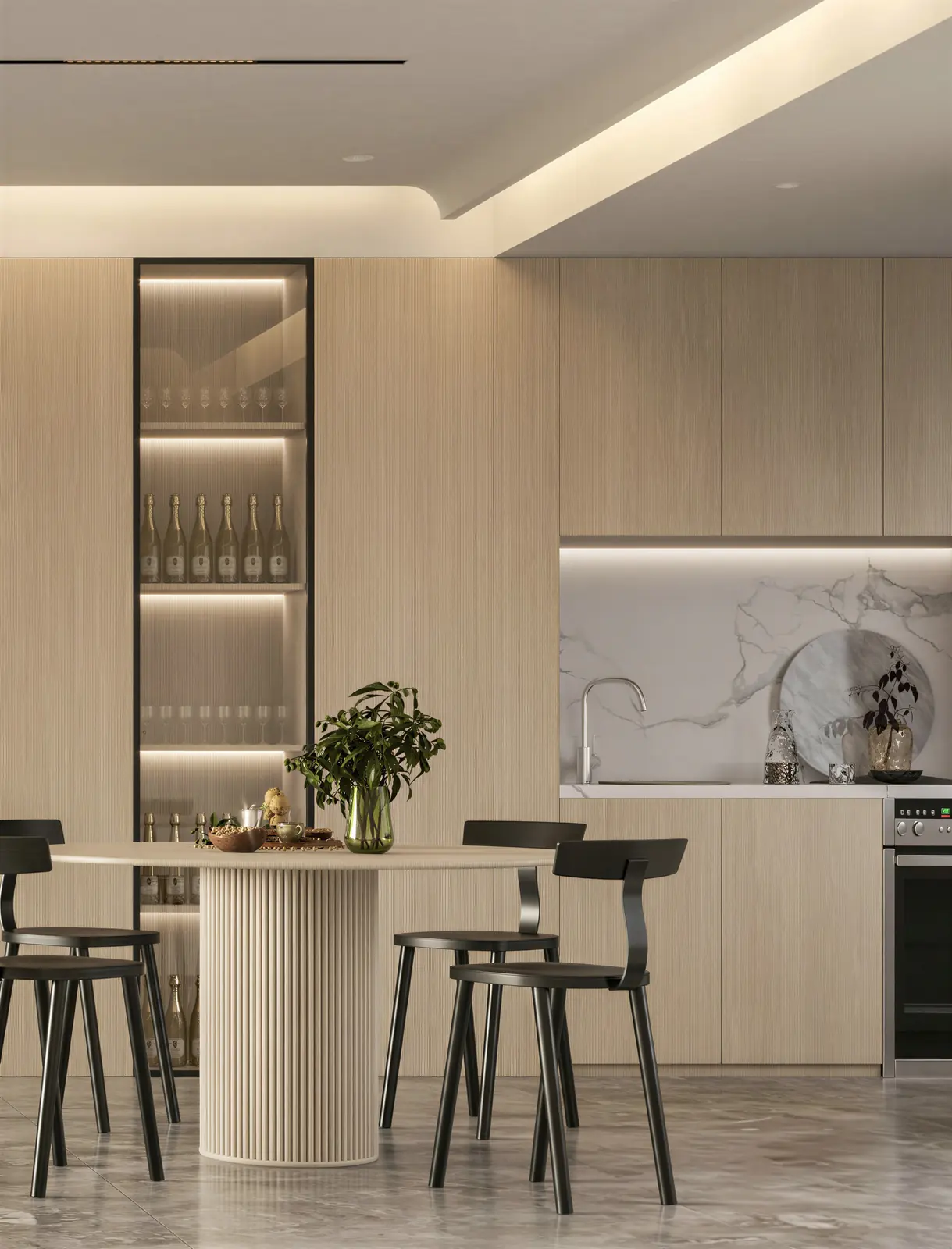 Kitchen island with dark chairs and a lit display cabinet. Punggol, 4-room HDB BTO · Punggol, renovation by ELEVATED.