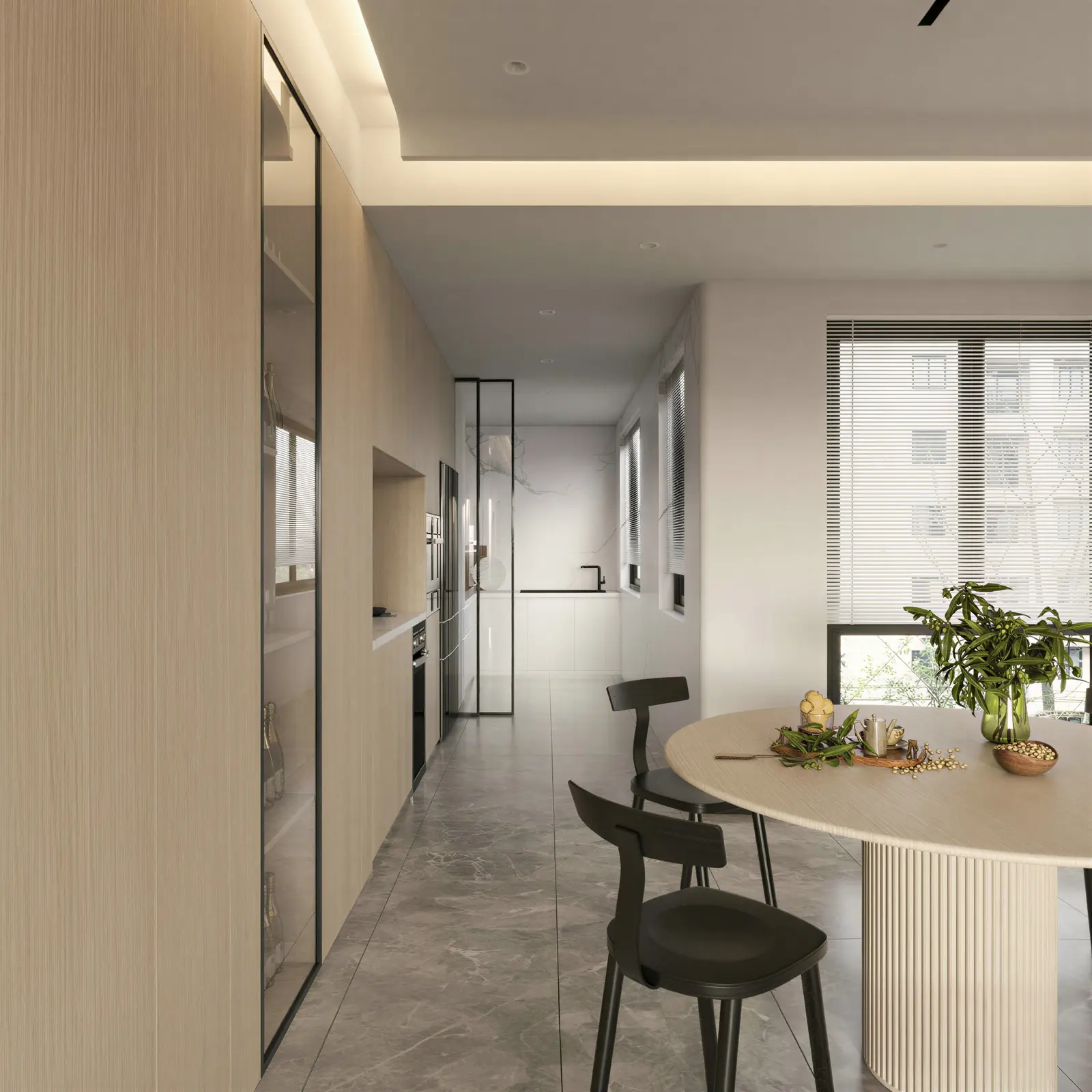 Entrance corridor with round table and oak panelling. Punggol, 4-room HDB BTO · Punggol, renovation by ELEVATED.