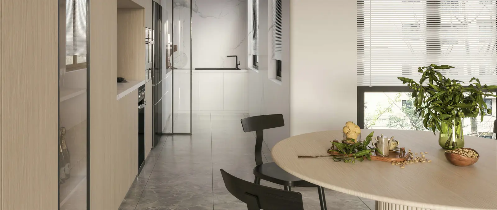 Glass-partitioned kitchen seen from the dining area. Punggol, 4-room HDB BTO · Punggol, renovation by ELEVATED.