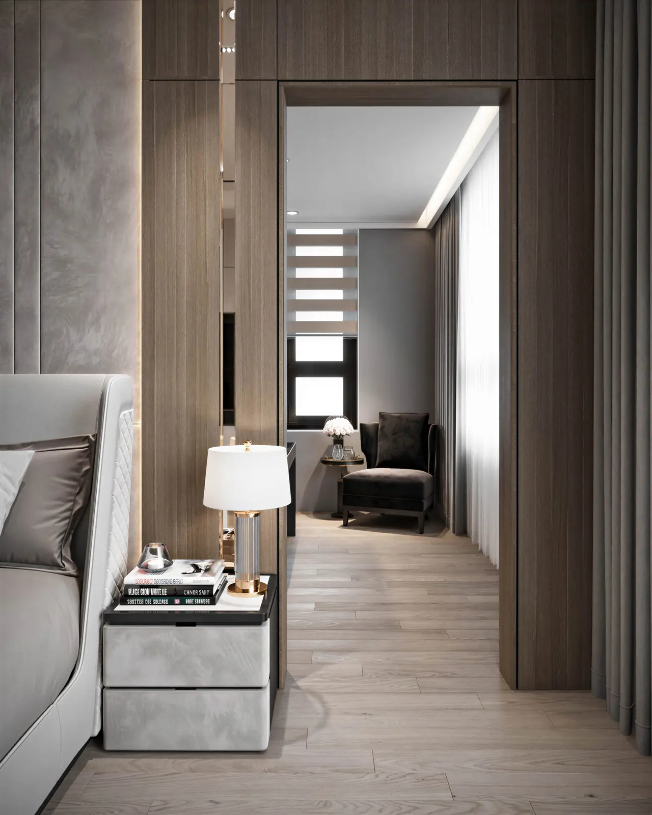 Bedside with walnut wardrobe and mirror. River Valley, 2-bedroom condominium · River Valley, renovation by ELEVATED.