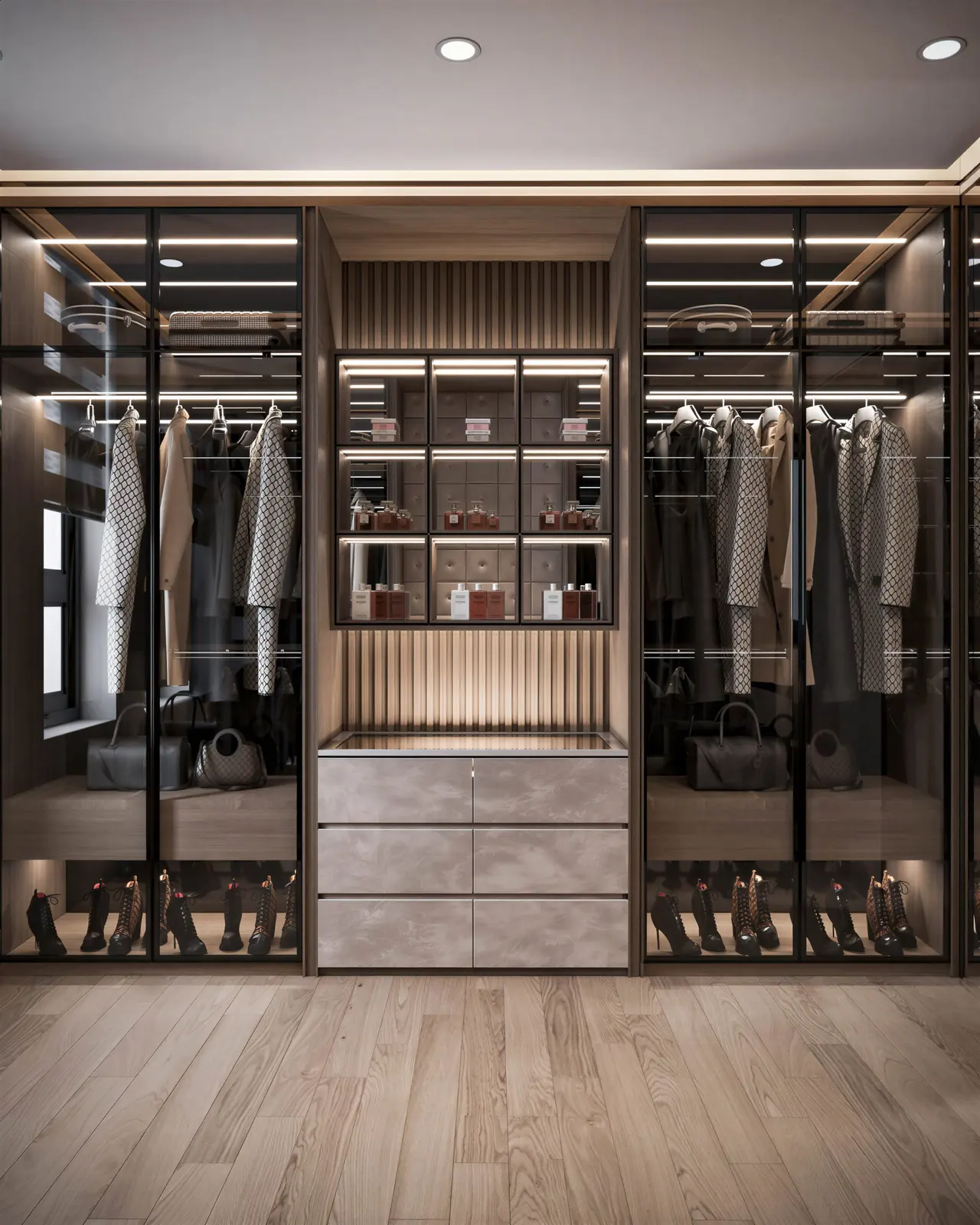 Walk-in wardrobe with glass doors. River Valley, 2-bedroom condominium · River Valley, renovation by ELEVATED.