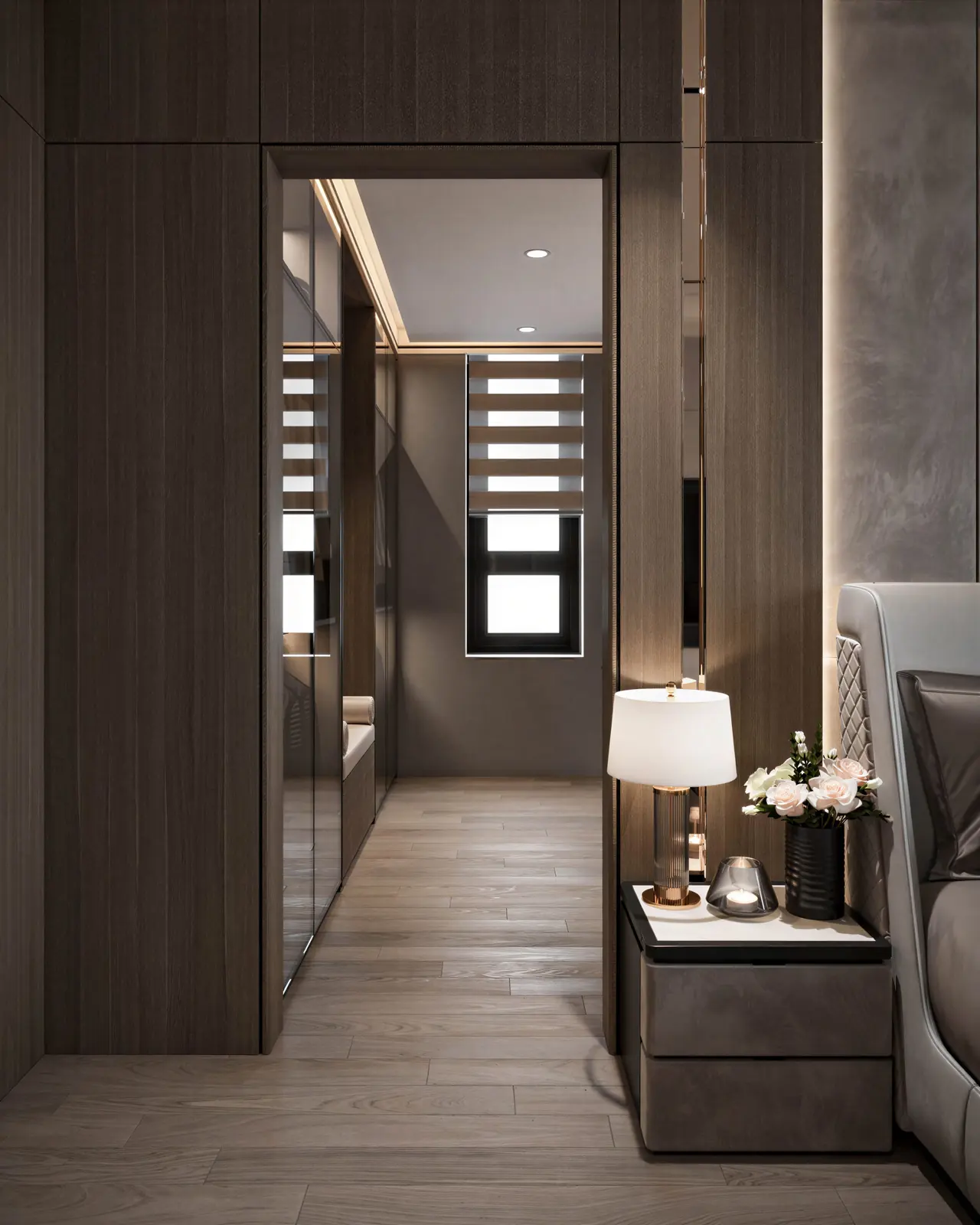 Bedroom with mirrored wardrobe corridor. River Valley, 2-bedroom condominium · River Valley, renovation by ELEVATED.
