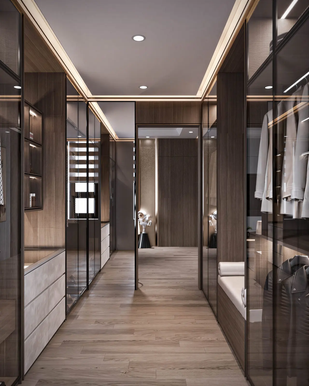 Wardrobe corridor with lit glass cabinets. River Valley, 2-bedroom condominium · River Valley, renovation by ELEVATED.