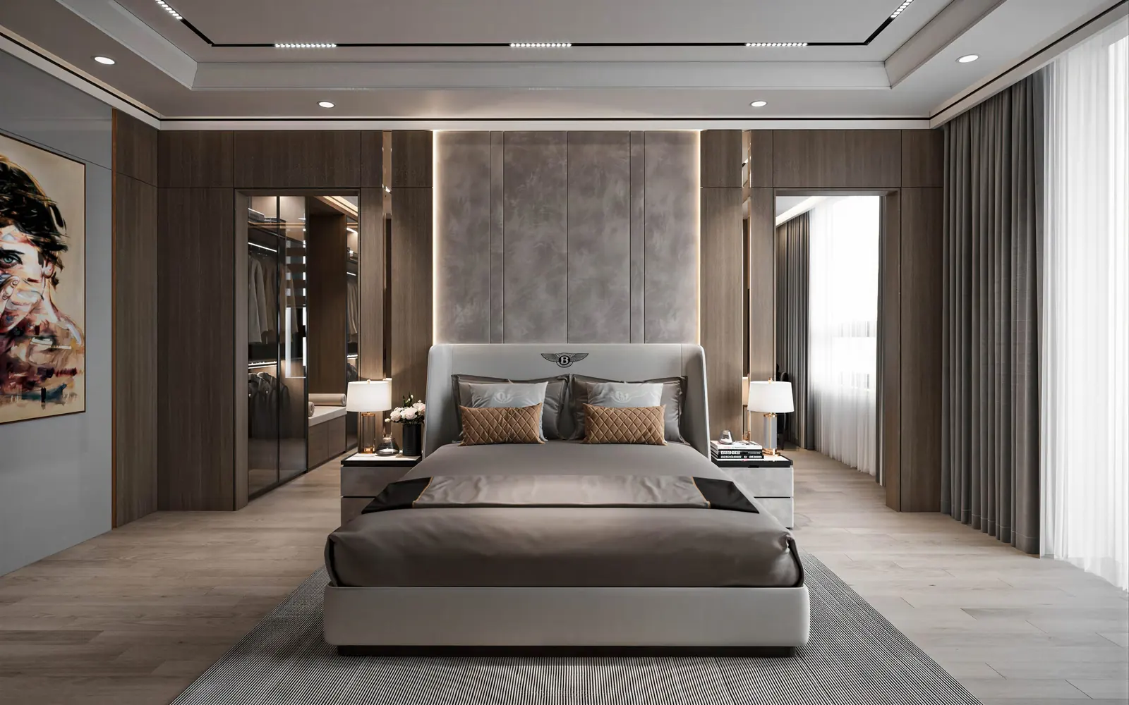 Master bedroom with fabric headboard and art. River Valley, 2-bedroom condominium · River Valley, renovation by ELEVATED.
