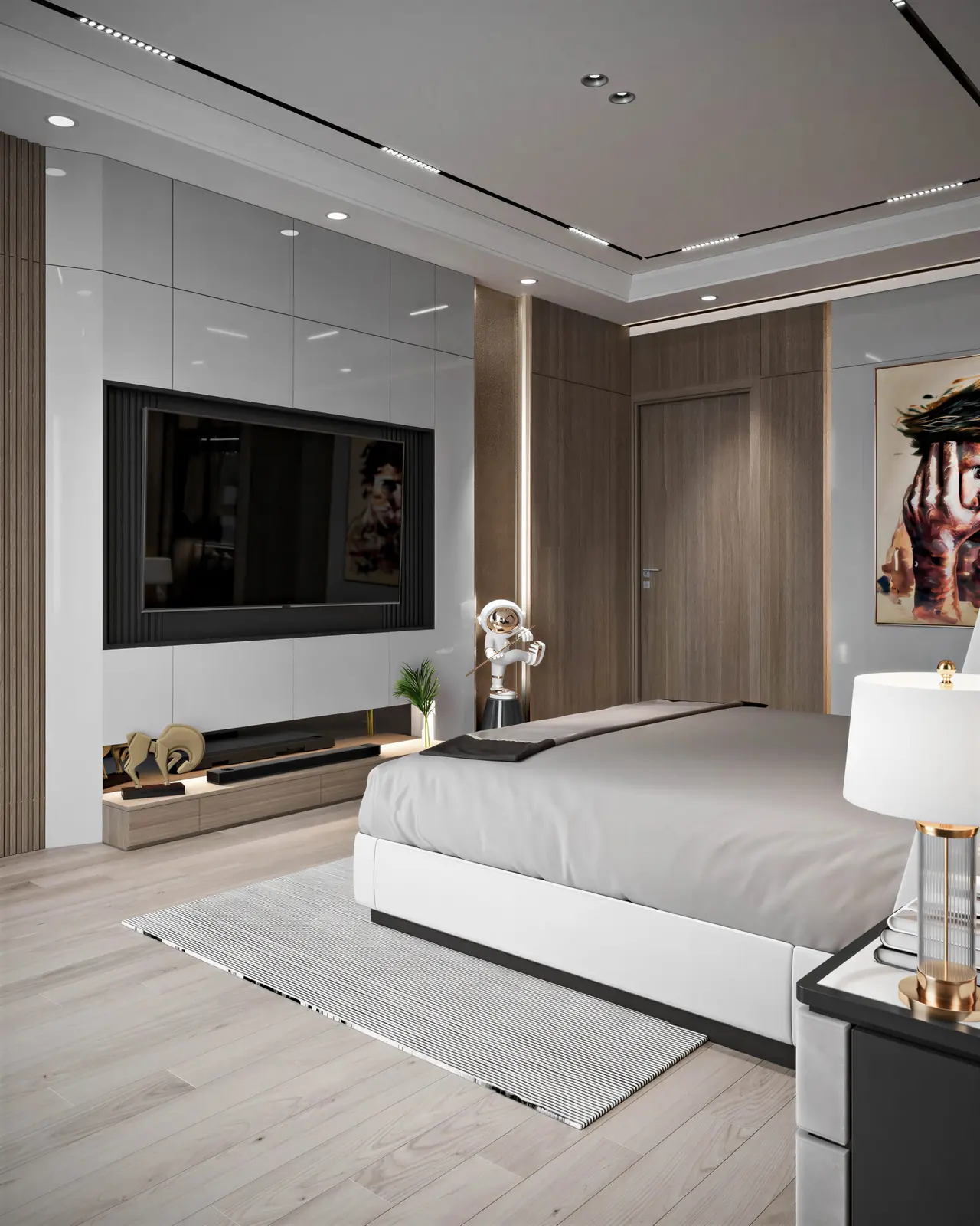 Bedroom with TV wall and oak panelling. River Valley, 2-bedroom condominium · River Valley, renovation by ELEVATED.