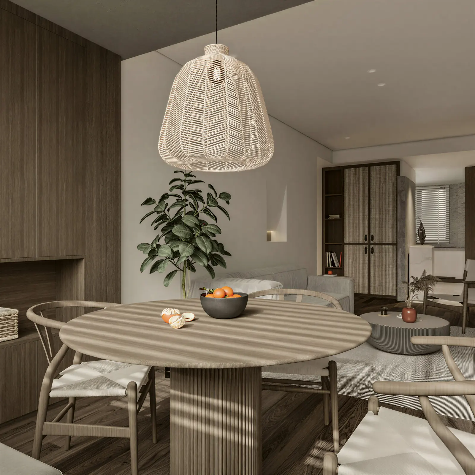 Round dining table under a rattan pendant. Sengkang, 5-room HDB · Sengkang, renovation by ELEVATED.