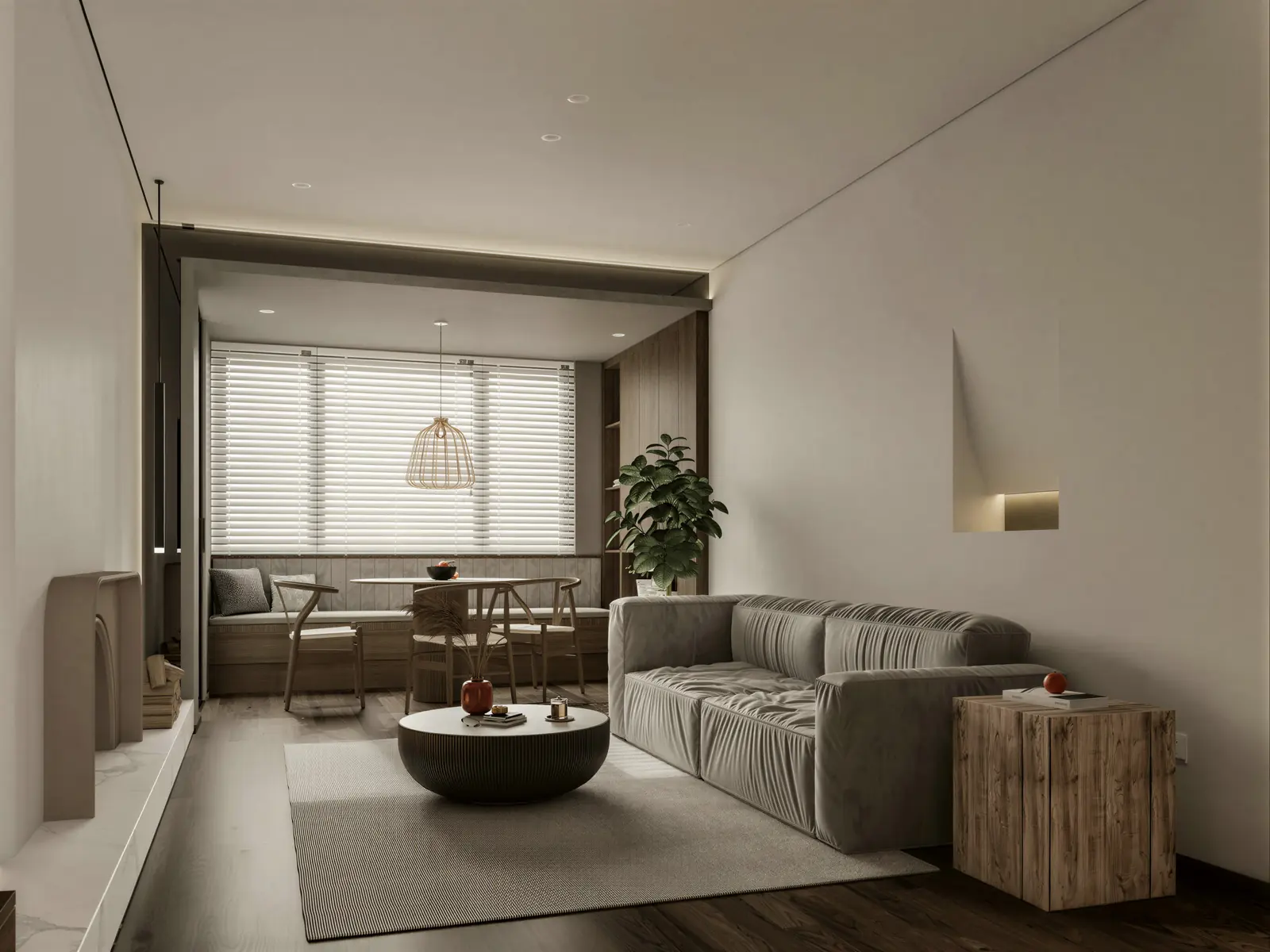 Living room with blinds drawn and the grey sofa. Sengkang, 5-room HDB · Sengkang, renovation by ELEVATED.