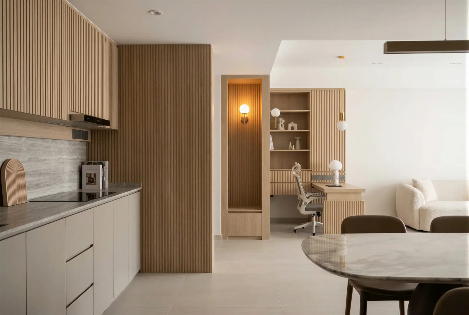 Kitchen to living. Sunshine Plaza Residences, 3-bedroom condominium · Singapore, renovation by ELEVATED.