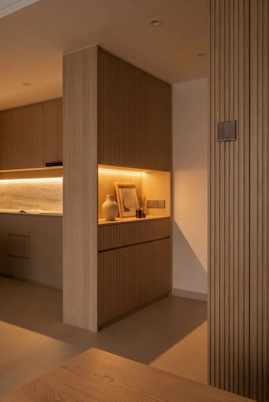 Fluted partition. Sunshine Plaza Residences, 3-bedroom condominium · Singapore, renovation by ELEVATED.
