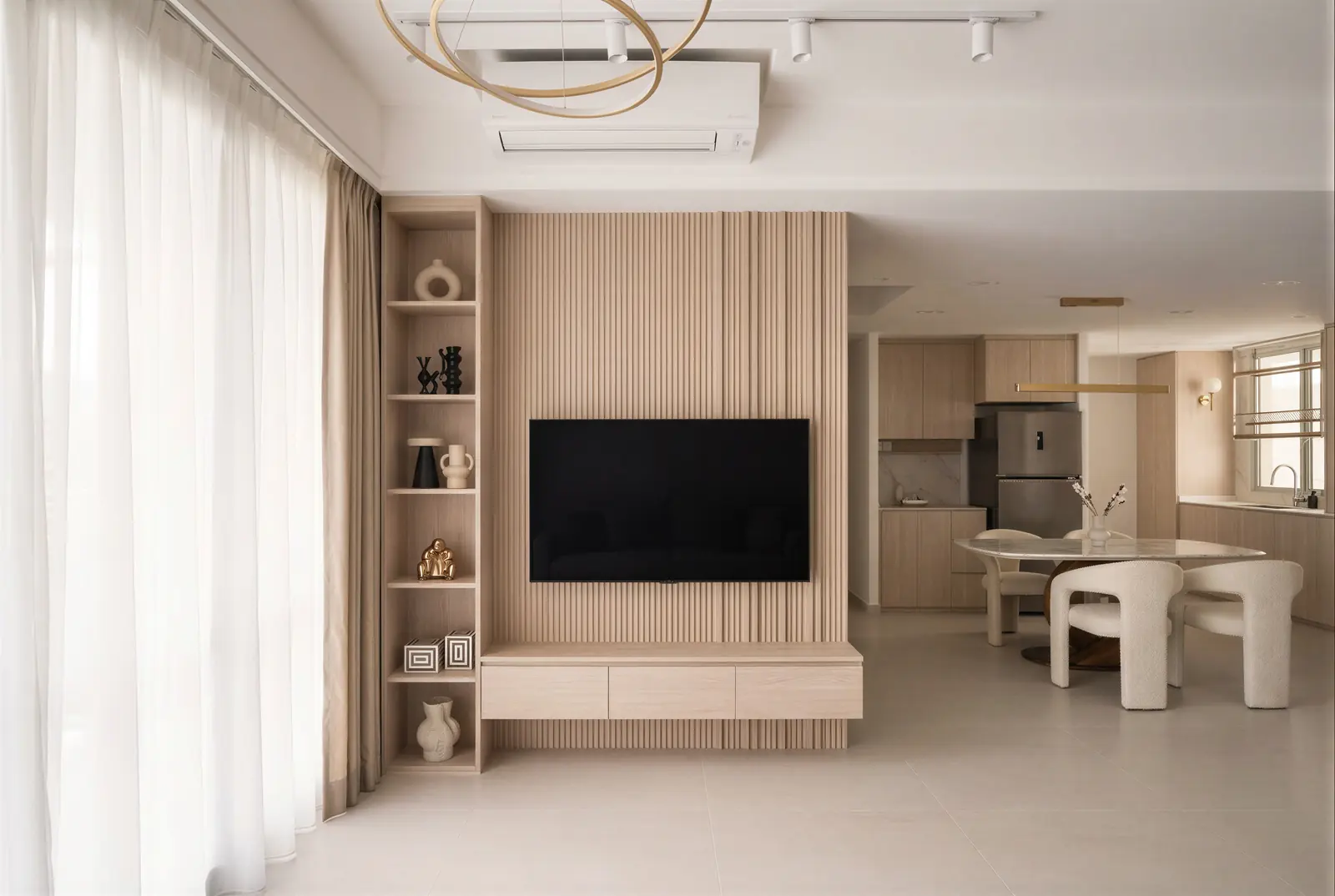 Living and feature wall. Sunshine Plaza Residences, 3-bedroom condominium · Singapore, renovation by ELEVATED.