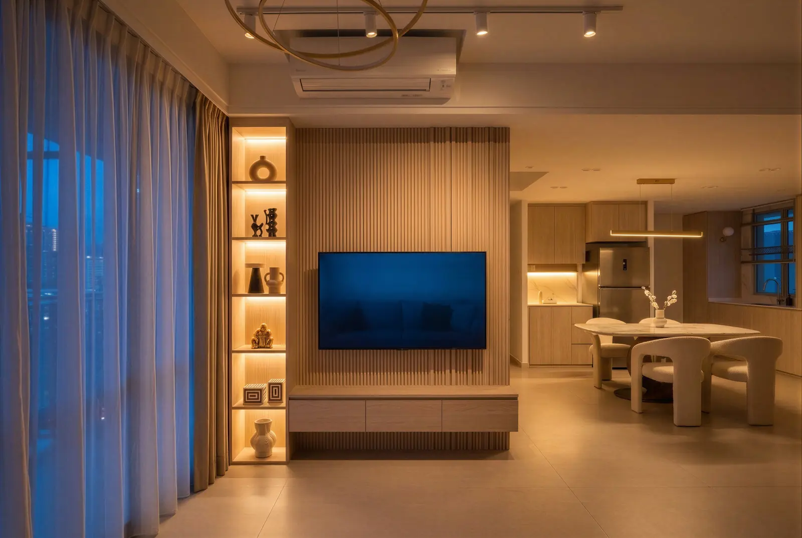 Feature wall, evening. Sunshine Plaza Residences, 3-bedroom condominium · Singapore, renovation by ELEVATED.