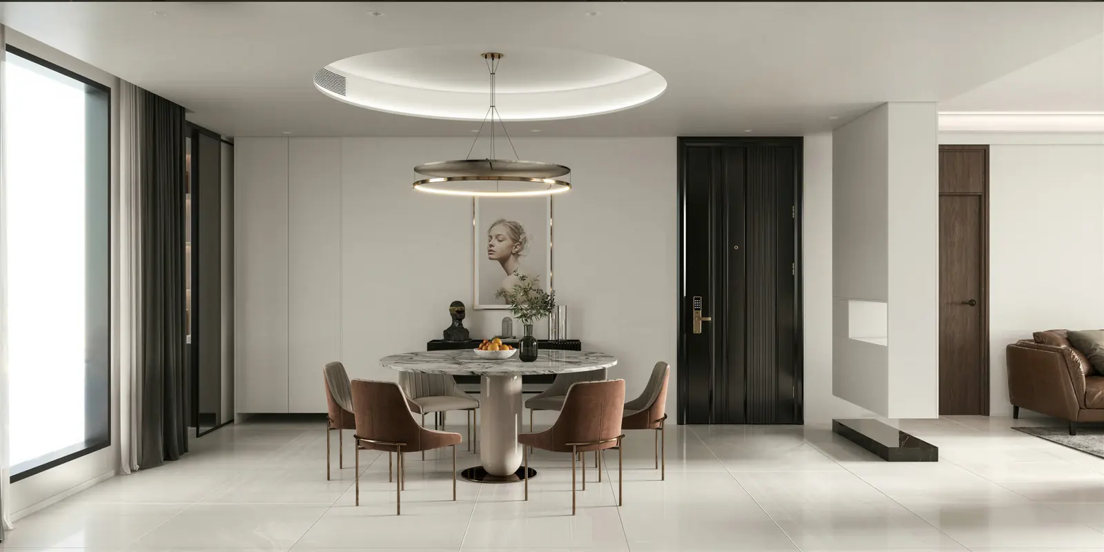 Dining area under a ring light with a stone table. Tampines, Executive condominium · Tampines, renovation by ELEVATED.