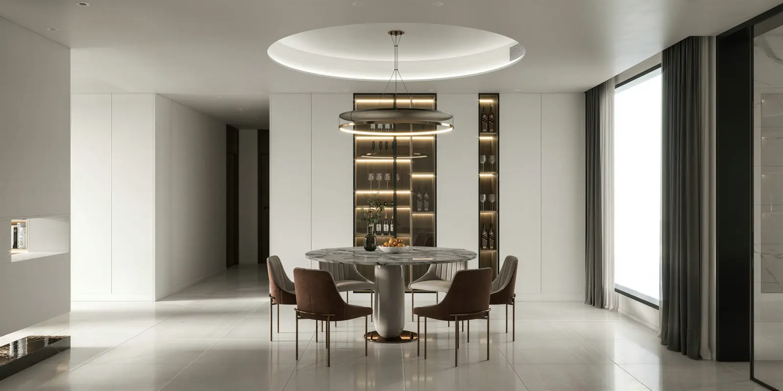 Dining and living with a lit display niche. Tampines, Executive condominium · Tampines, renovation by ELEVATED.