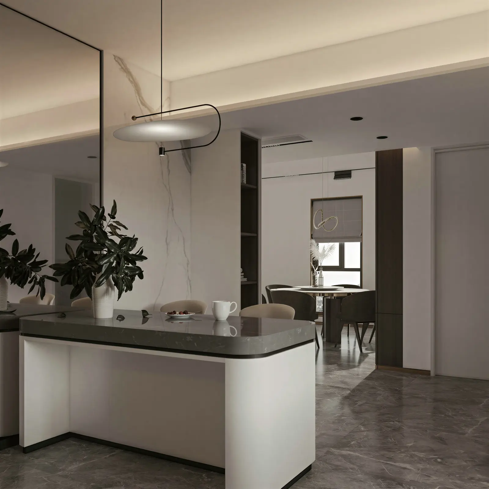 Kitchen island with pendant and marble top. Tampines, Executive condominium · Tampines, renovation by ELEVATED.
