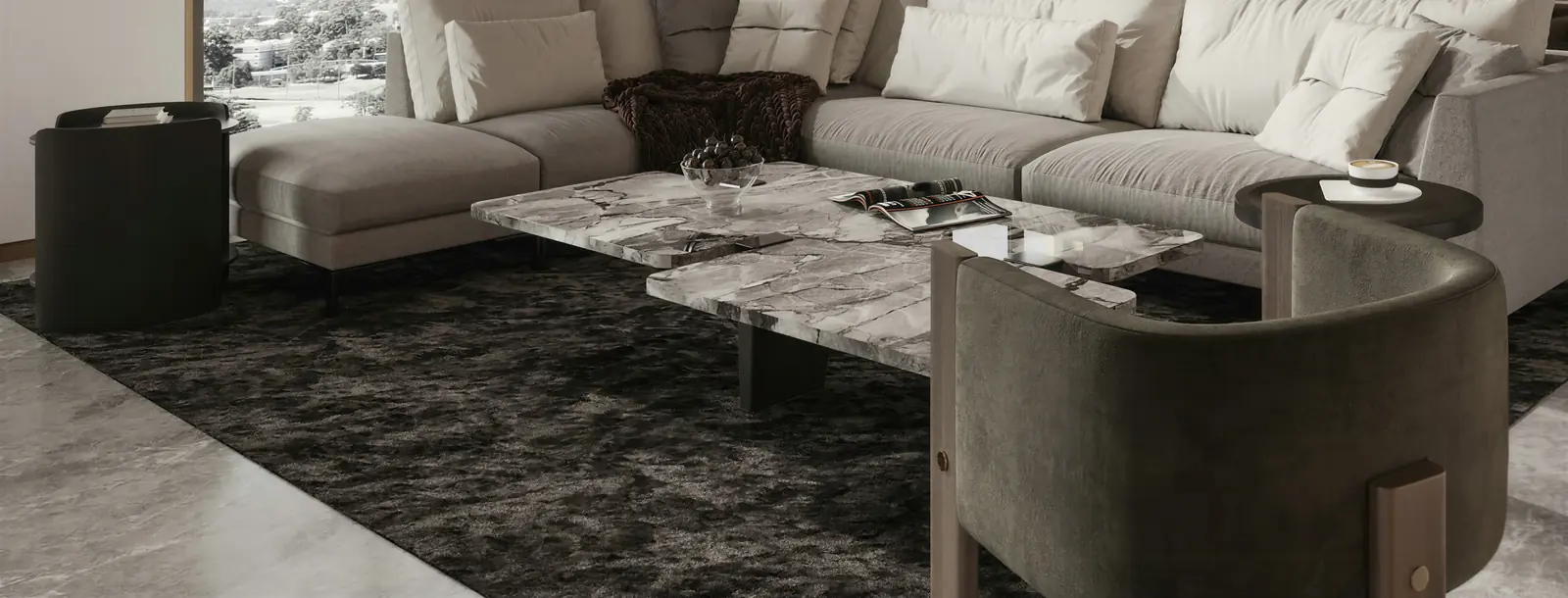 Curved sofa on a dark rug. Tampines, Executive condominium · Tampines, renovation by ELEVATED.