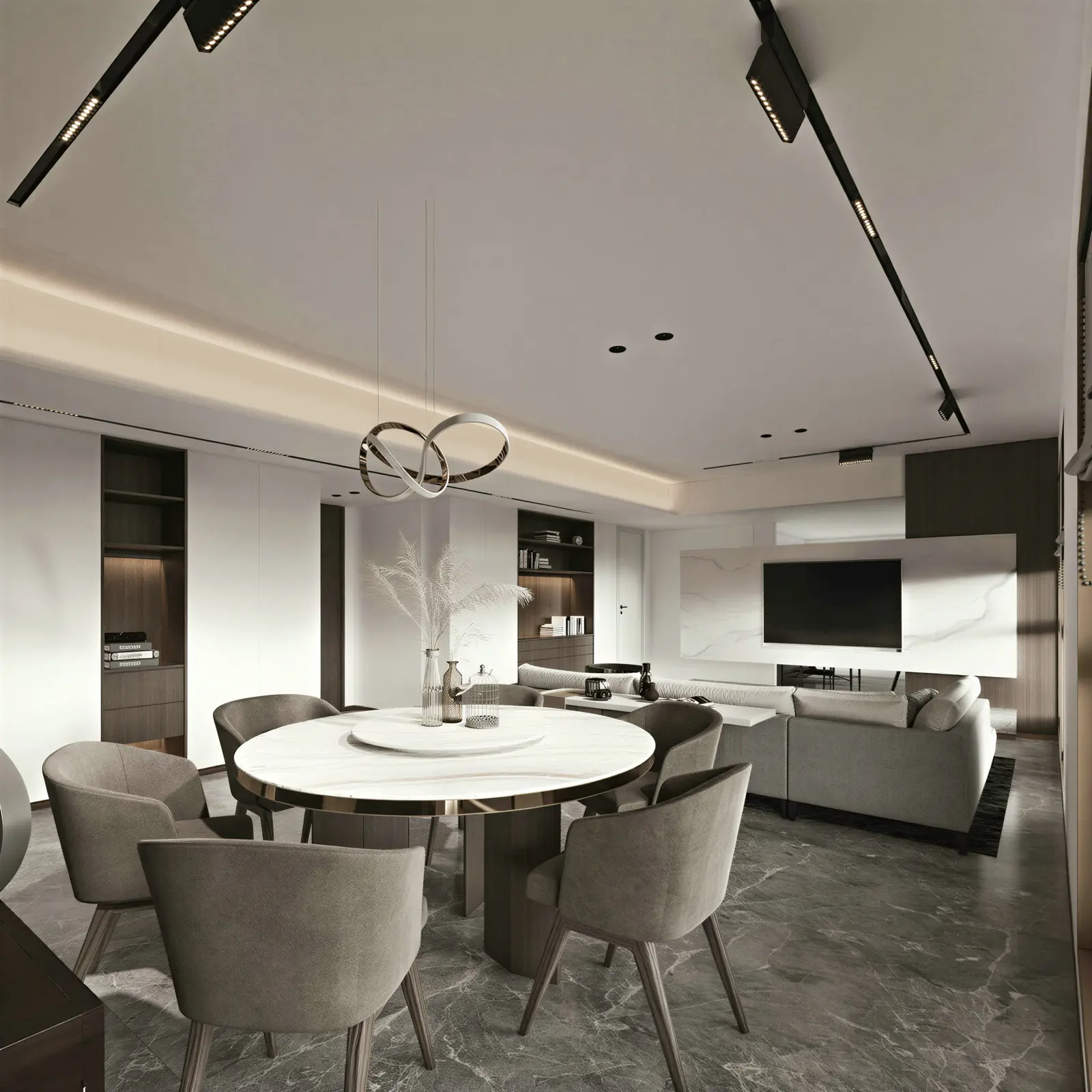Dining table under a ring pendant with track lights. Tampines, Executive condominium · Tampines, renovation by ELEVATED.