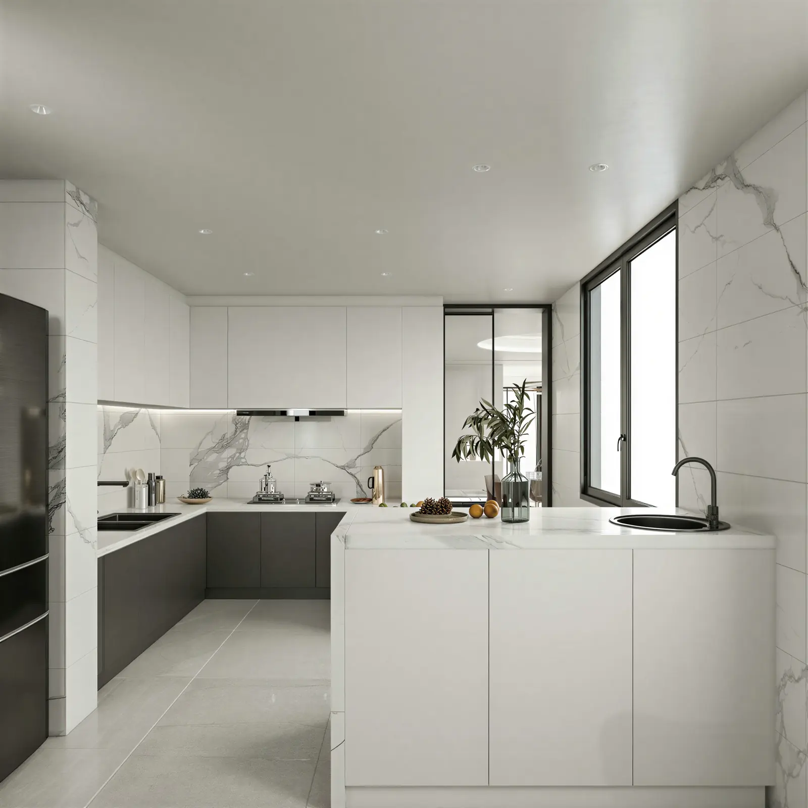 White kitchen with marble splashback. Tampines, Executive condominium · Tampines, renovation by ELEVATED.