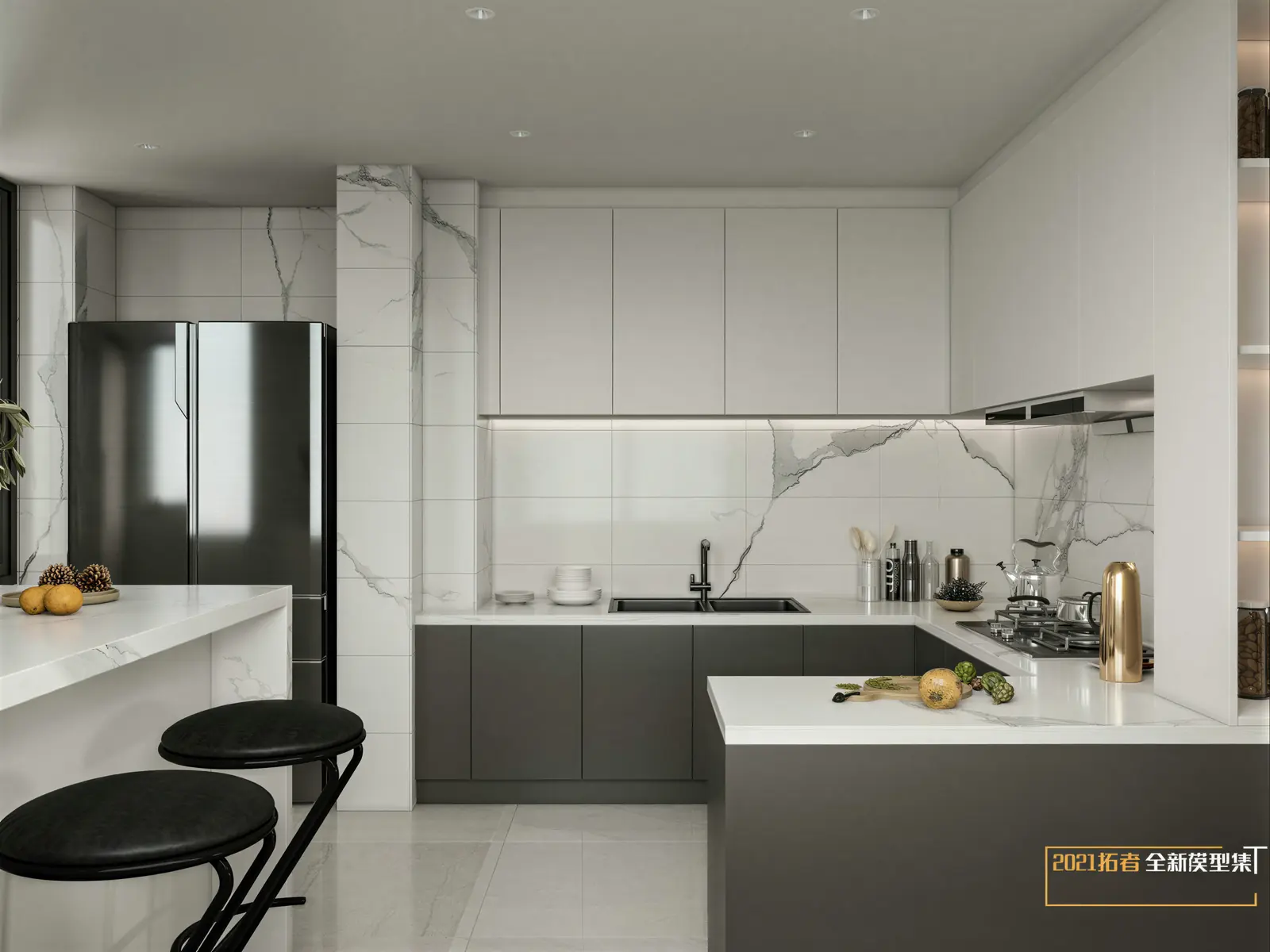 Kitchen island with bar stools. Tampines, Executive condominium · Tampines, renovation by ELEVATED.