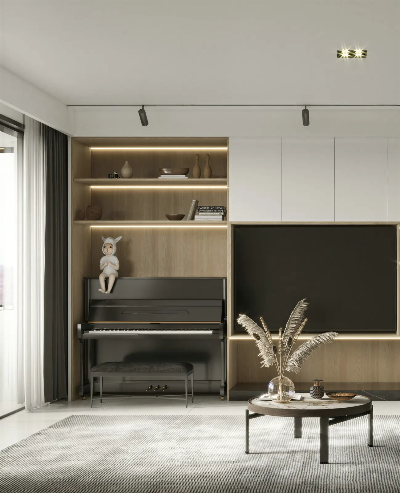 Piano corner with lit shelving. Tampines, Executive condominium · Tampines, renovation by ELEVATED.