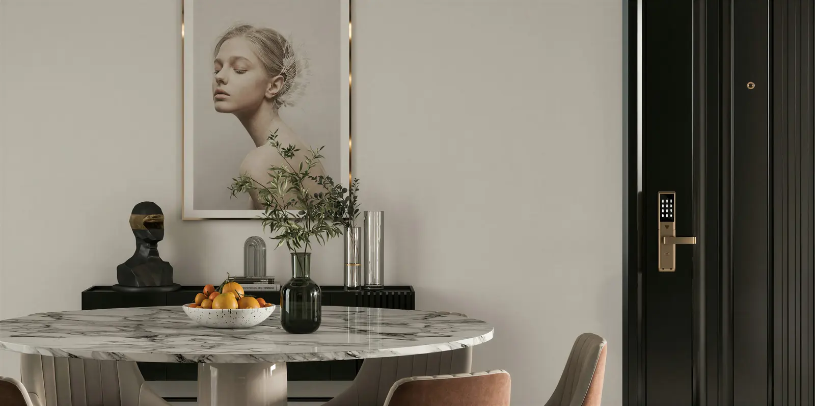 Dining table with portrait art and the dark front door. Tampines, Executive condominium · Tampines, renovation by ELEVATED.