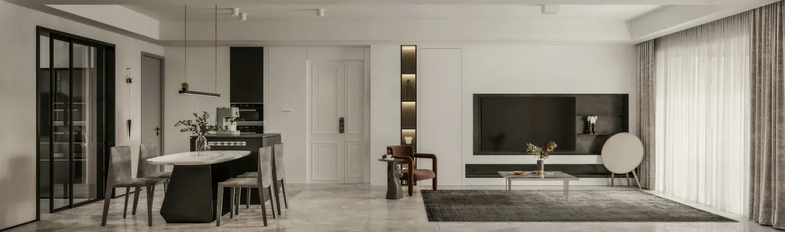 Living room seen from the balcony doors. Tanjong Rhu, 3-bedroom condominium · Tanjong Rhu, renovation by ELEVATED.