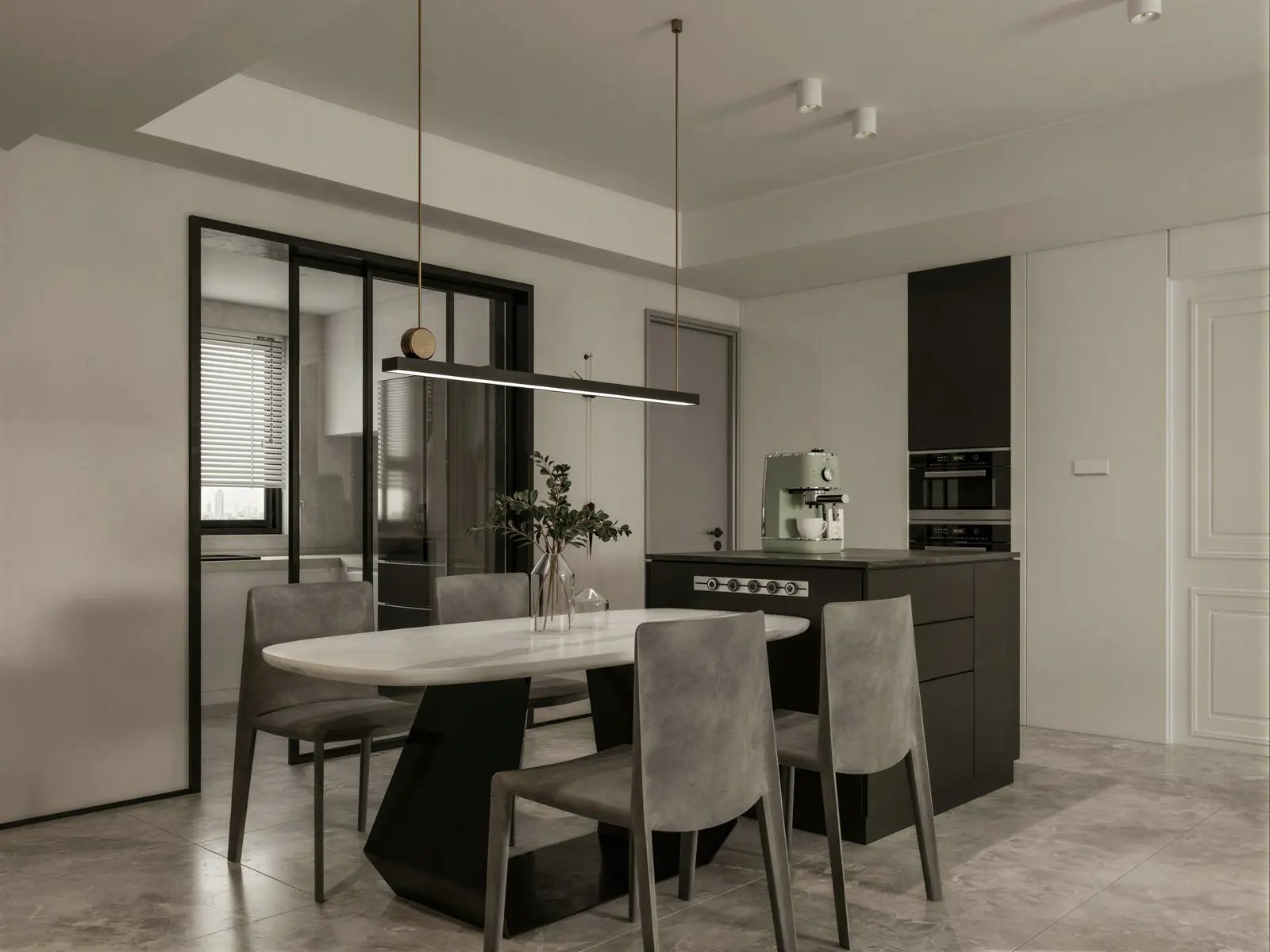 Dining table beside a glass-partitioned kitchen. Tanjong Rhu, 3-bedroom condominium · Tanjong Rhu, renovation by ELEVATED.