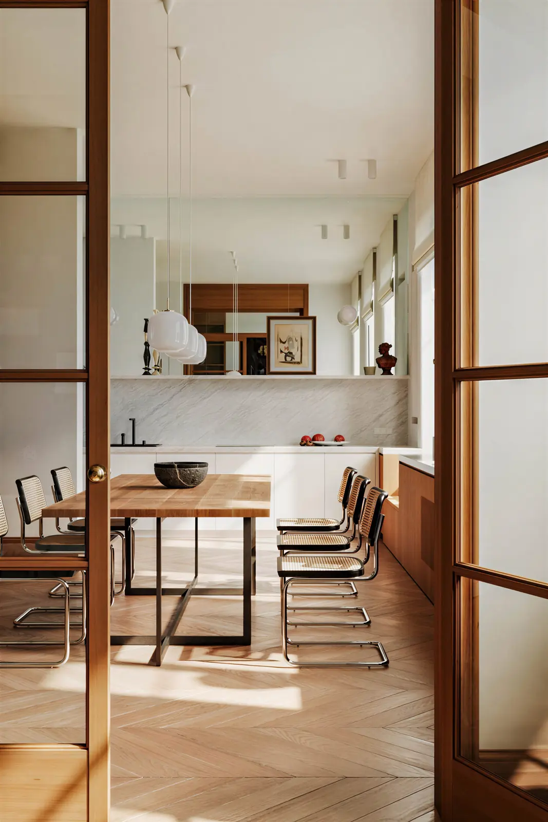 Dining table by the window with cantilever chairs and walnut shelving. Tiong Bahru, 3-room HDB · Tiong Bahru, renovation by ELEVATED.