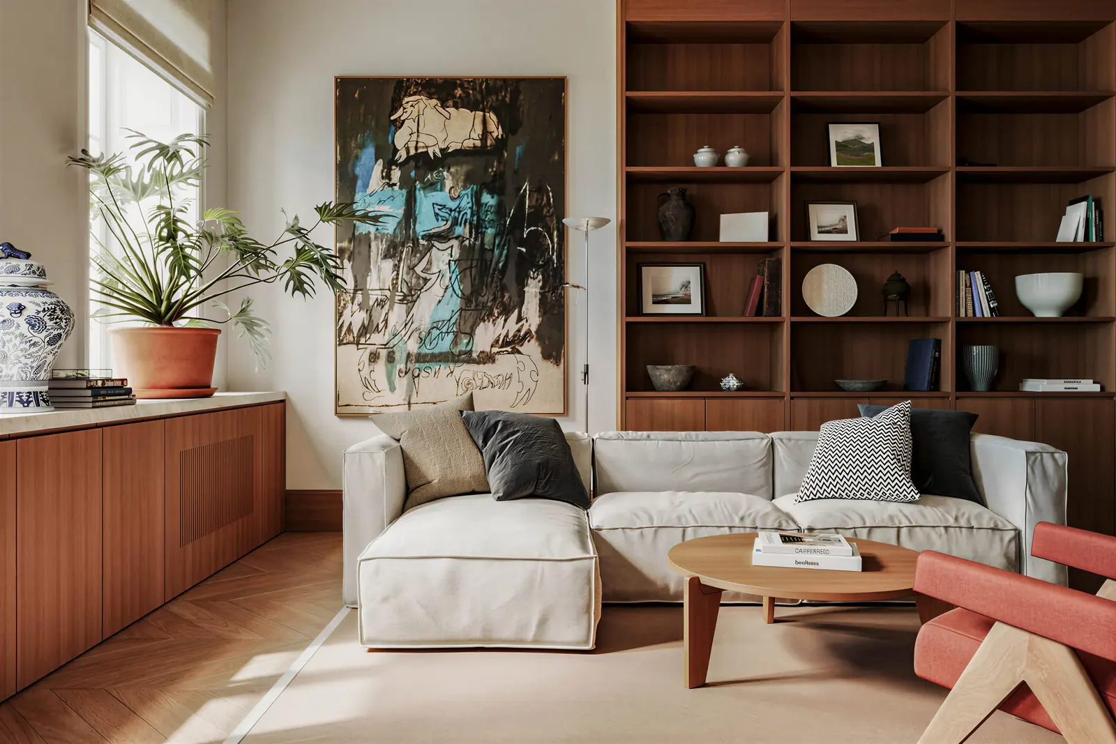 Living room with walnut bookcase and abstract art. Tiong Bahru, 3-room HDB · Tiong Bahru, renovation by ELEVATED.