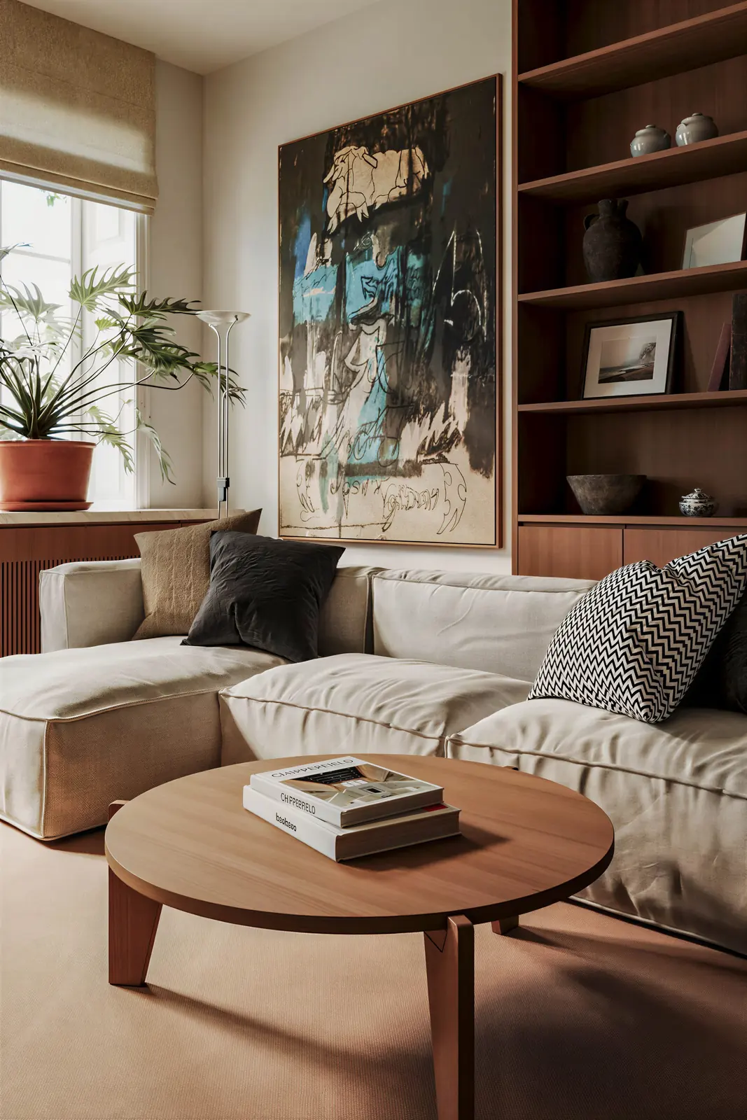 Sofa corner with plants and the bookcase. Tiong Bahru, 3-room HDB · Tiong Bahru, renovation by ELEVATED.